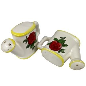 Vintage Cottagecore Floral Watering Pot Salt & Pepper Shaker Set Roses Yellow SP